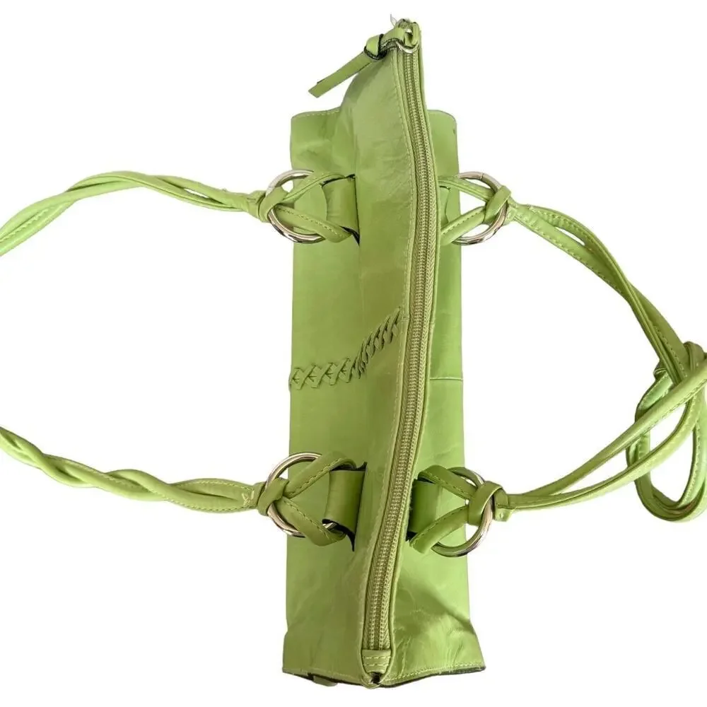 Peck & Peck Womens Satchel Handbag Green Leather Dual Handle Inner Pockets Zip